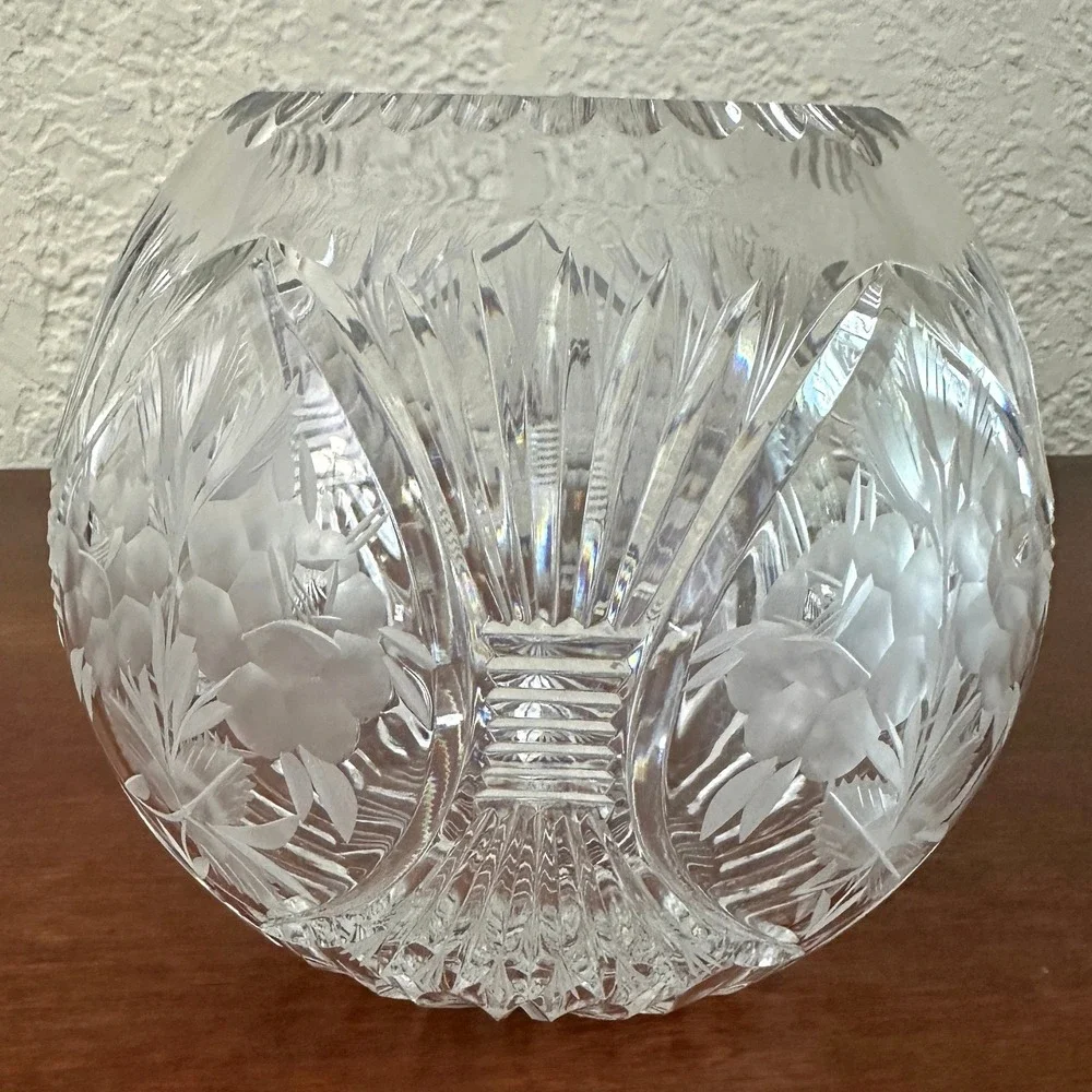 Crystal Frosted Floral Etched Cut Glass Clear Rose Bowl Vase Vintage Cottagecore